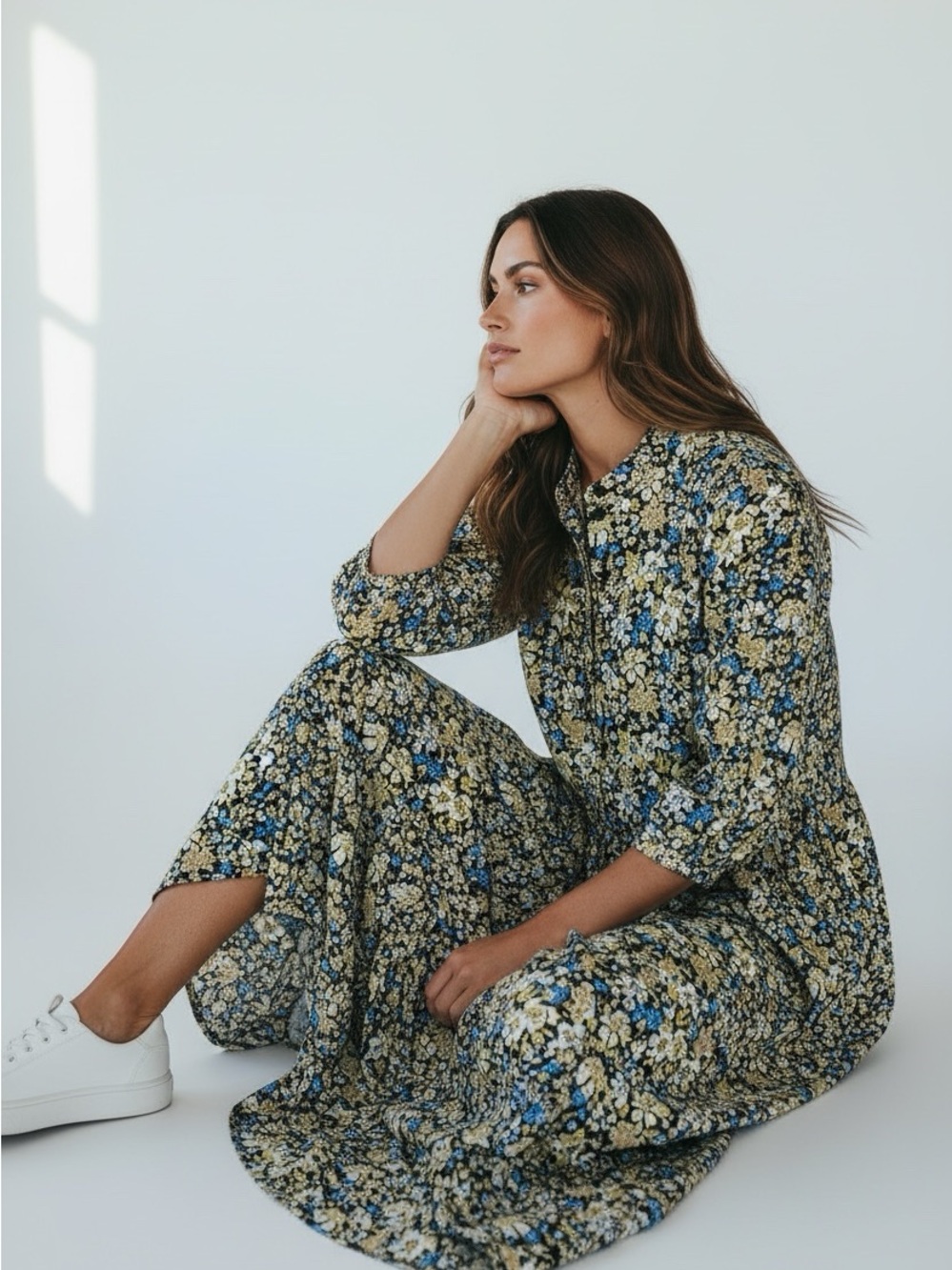 Anthropologie MELLODAY Blue and Yellow Floral High Low Maxi Dress Small EUC - Picture 2 of 9